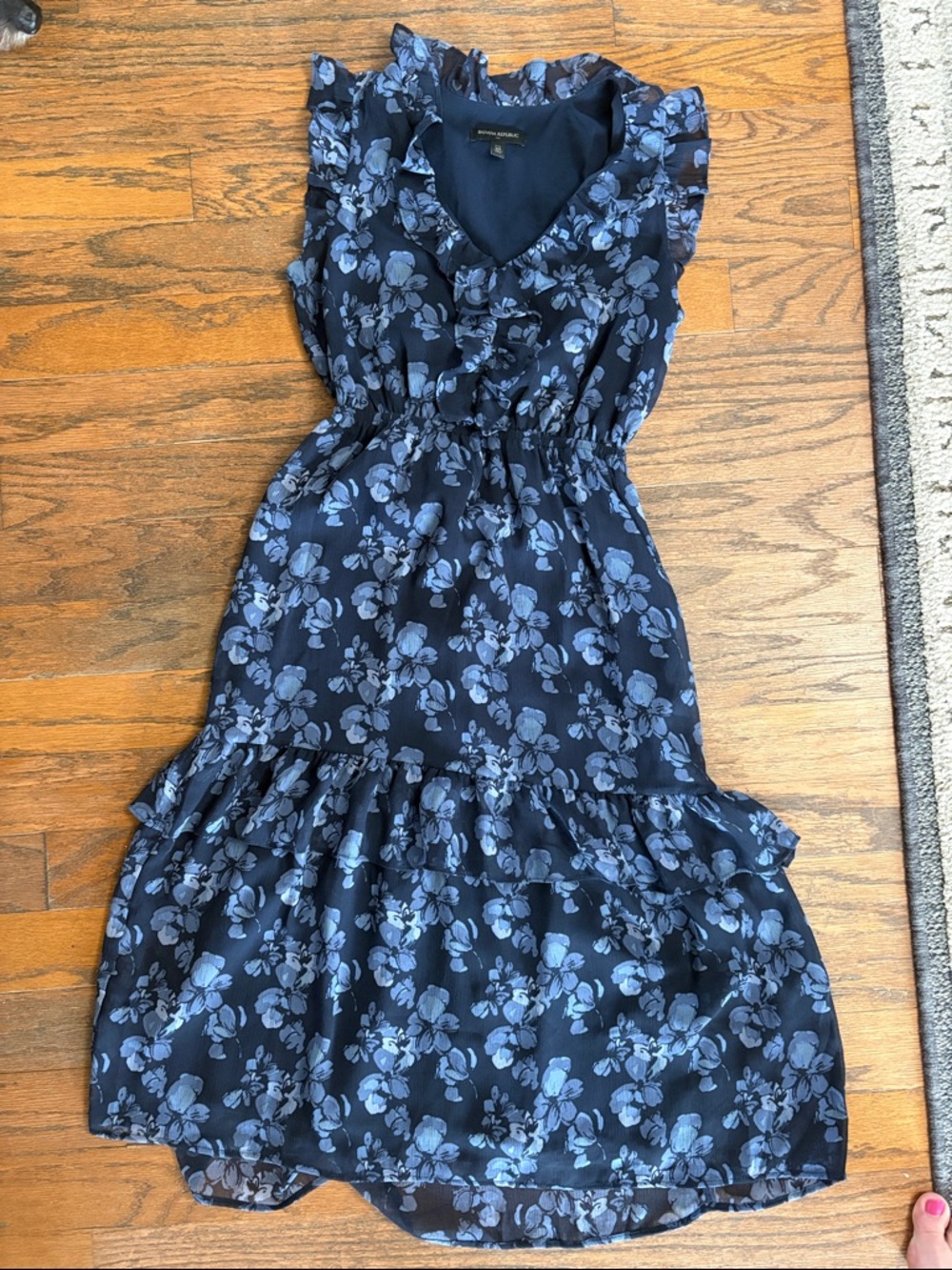 Banana Republic Navy Blue Floral Sleeveless Ruffle Dress